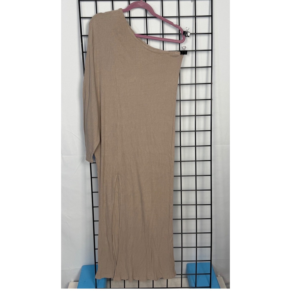 Free People Beach Maxi Dress Womens L Tan Ribbed One Shoulder Long Sleeve‎ Slit